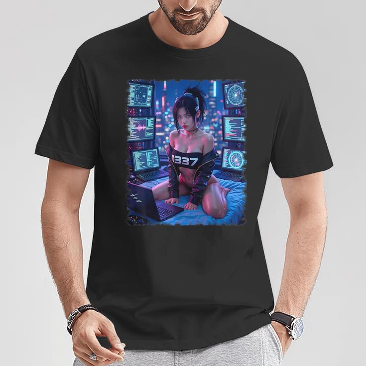 セクシーガールグラフィックtシャツ 1337 サイバーパンク ハッカーガール Tシャツ 面白い贈り物