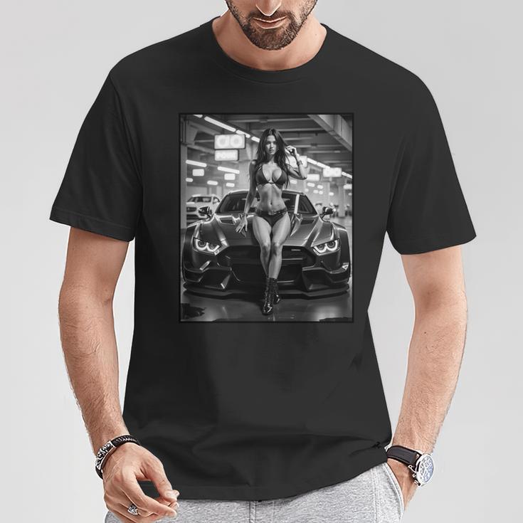 セクシーガールグラフィックtシャツ セクシーピンナップモデル&エキゾチックカーb&W 長袖tシャツ Tシャツ 面白い贈り物