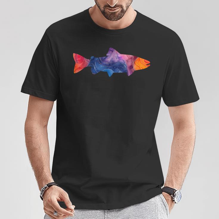 トラウトフィッシュのシルエット アートな水彩画 Tシャツ 面白い贈り物