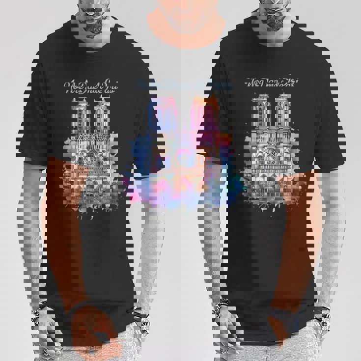 ノートルダム大聖堂 水彩画 Tシャツ 面白い贈り物
