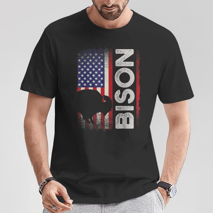 ハンティング アメリカンバイソン クリエイティブ ユーズド加工 アメリカ国旗 ハンター Tシャツ 面白い贈り物