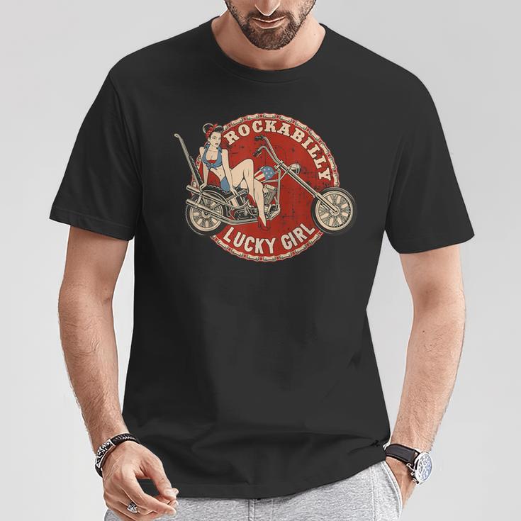 バイク ピンナップガール オールドスクール ロカビリー ラッキーガール Tシャツ 面白い贈り物