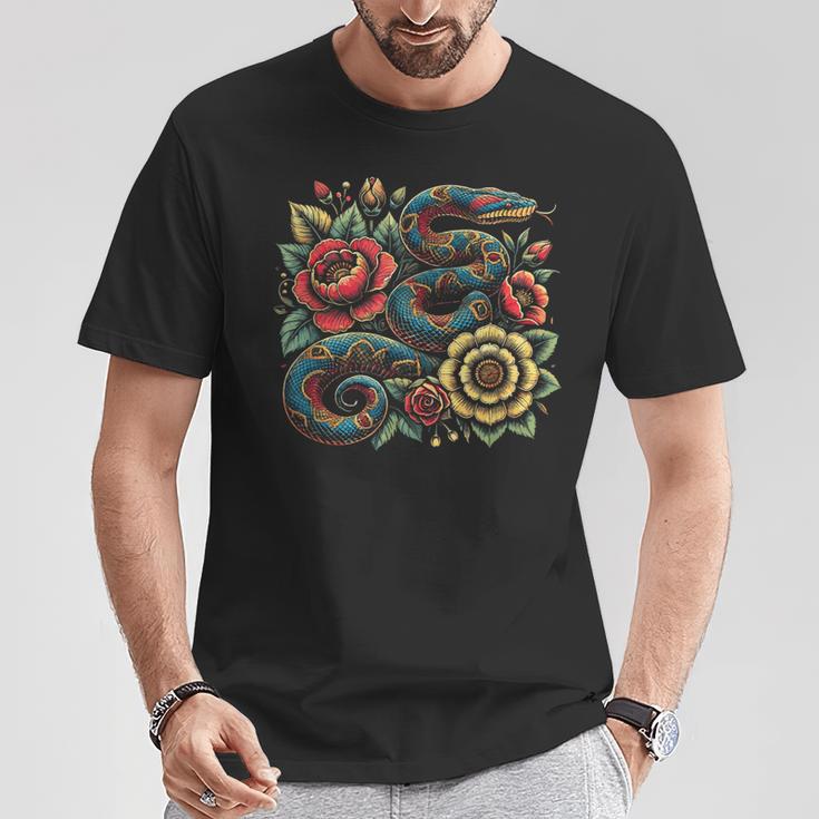 パイソン ヘビ フローラル ボール パイソン タトゥーフラワー Tシャツ 面白い贈り物