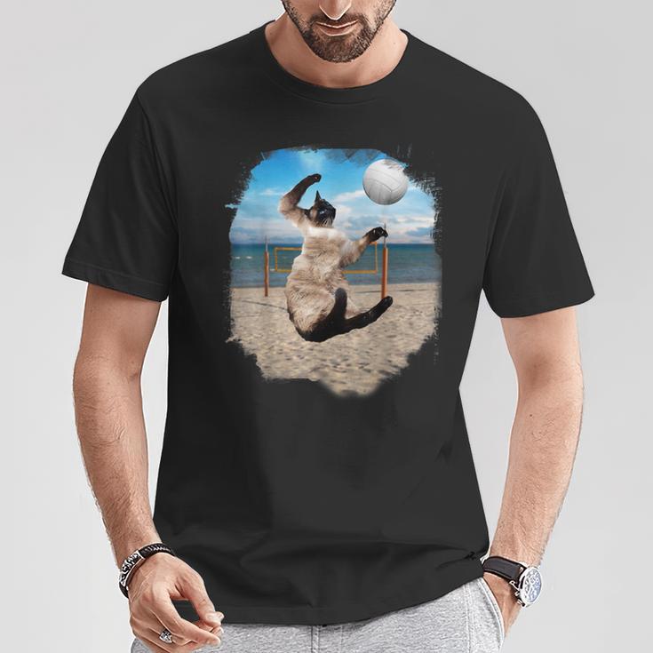 ビーチバレーボールをするシャム猫 Tシャツ 面白い贈り物