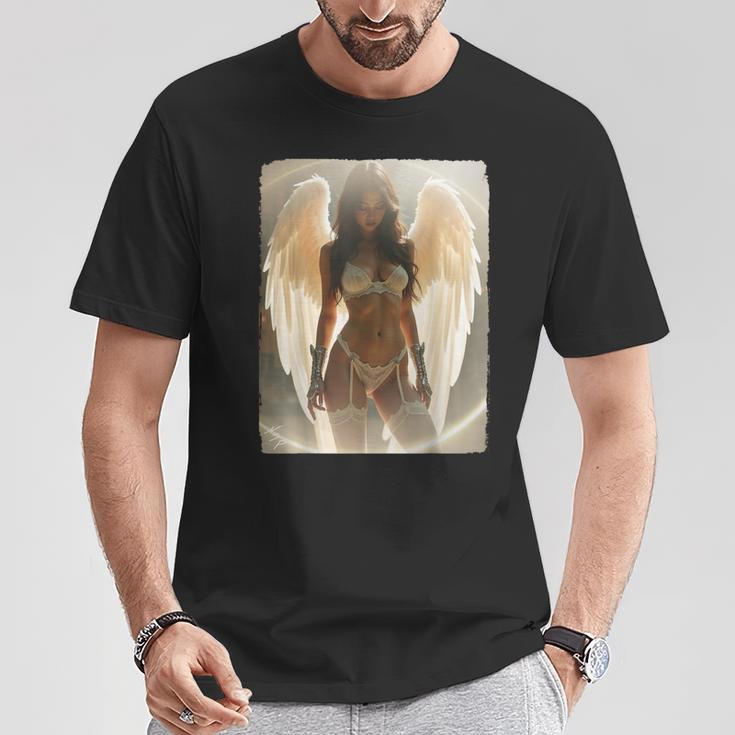 ピンナップガール 男性用 エンジェルピンナップ ブルネット エンジェルガール Tシャツ 面白い贈り物