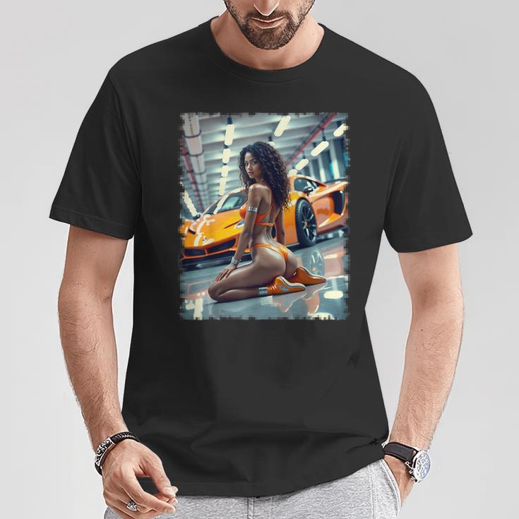 ピンナップガールtシャツ 男性用 ブラックピンナップガール&エキゾチックカー Tシャツ 面白い贈り物