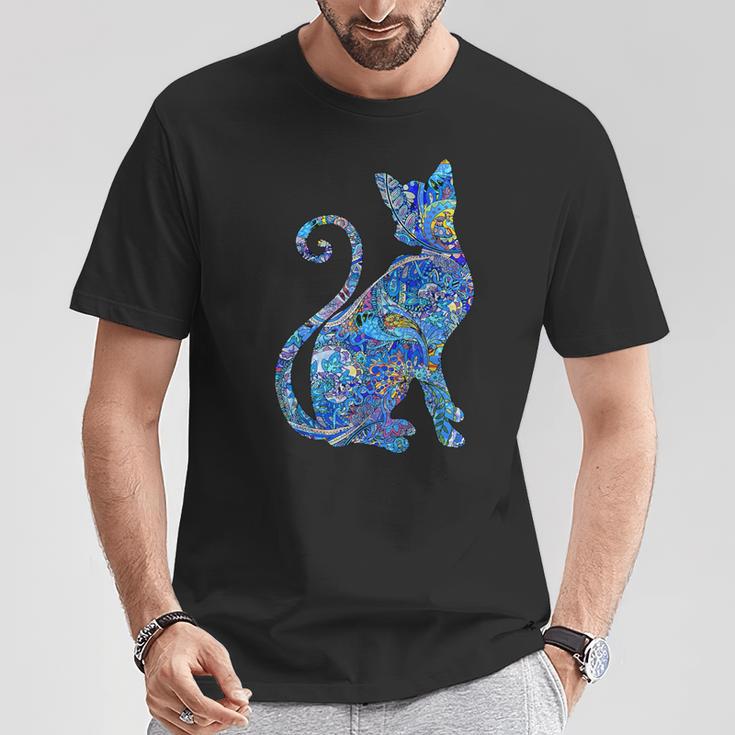 ブルー ペイズリーキャット Tシャツ 面白い贈り物