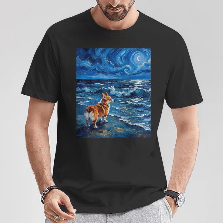 ペンブローク ウェールズ コーギー 犬 星月夜 ビーチ アートワーク Tシャツ 面白い贈り物