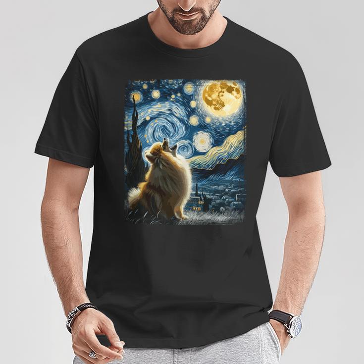 ポメラニアン 犬 イヌアート ゴッホ 星月夜 ポメラニアン 長袖tシャツ Tシャツ 面白い贈り物