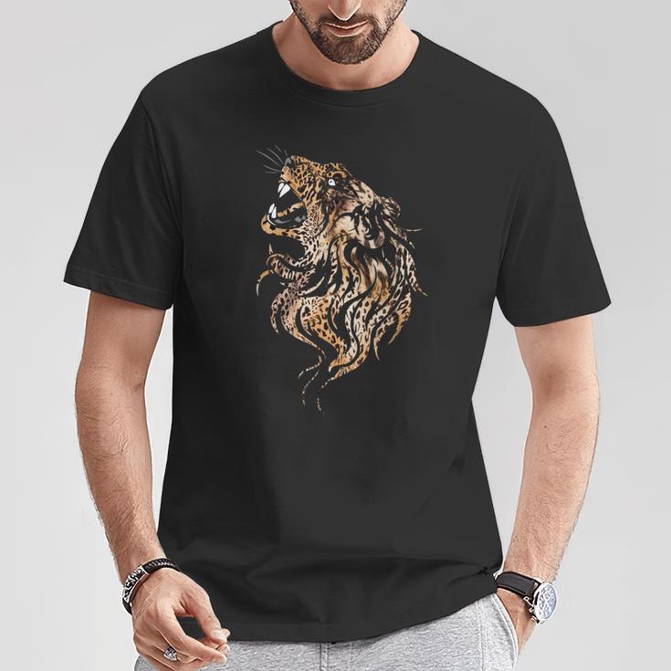 ライオンフェイス クールな動物園 動物 怖いライオンヘッド Tシャツ 面白い贈り物