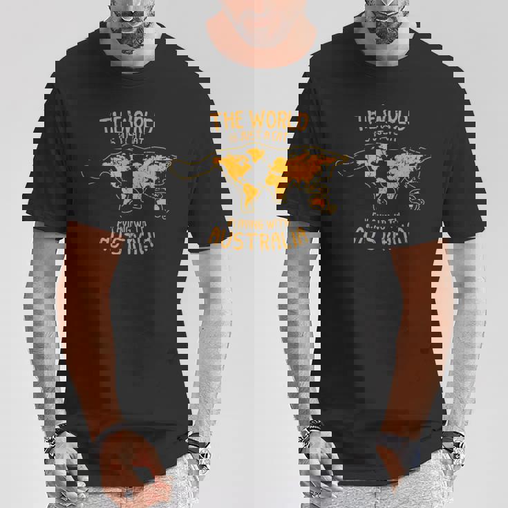 世界はオーストラリア オーストラリアで遊ぶ猫 Tシャツ 面白い贈り物