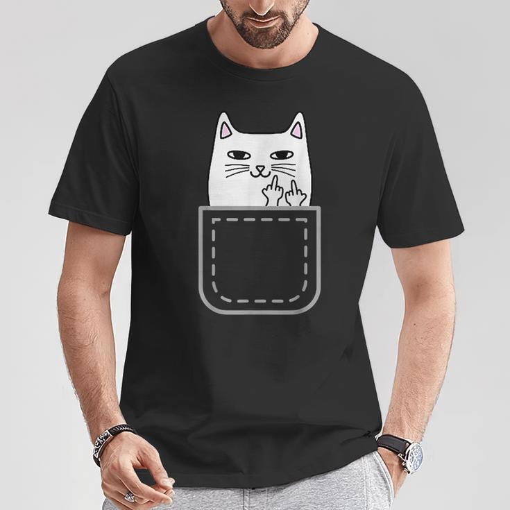 中指 猫 ポケット 面白い 漫画 猫 ホワイト プレミアム Tシャツ 面白い贈り物