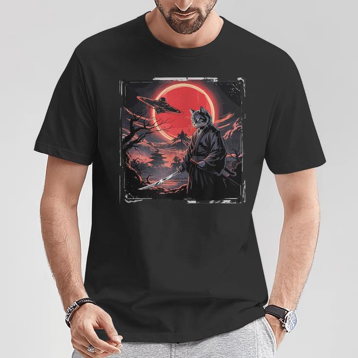 侍忍者 猫戦士 墨絵 Ufo 浮世絵f 日本語 Tシャツ 面白い贈り物