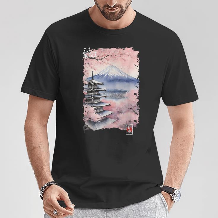 富士山 日本 桜 ヴィンテージ アニメ アート ピンク Tシャツ 面白い贈り物