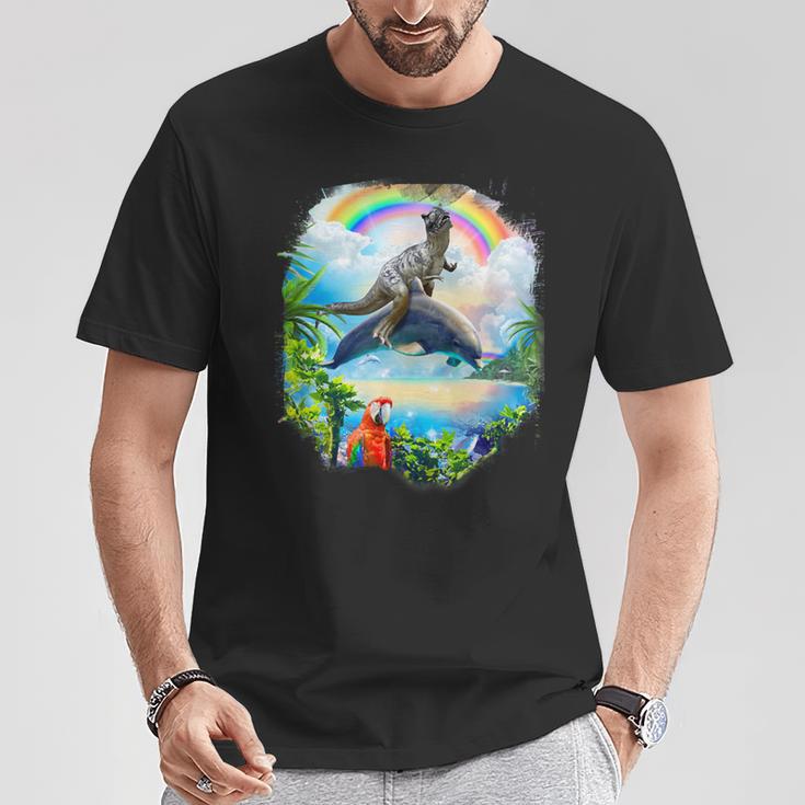 恐竜 ライディング イルカ レインボー イルカ Tシャツ 面白い贈り物