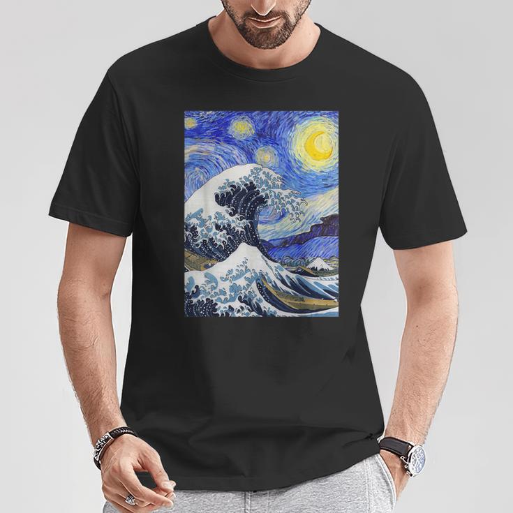 星月夜リメイクとミックスされた神奈川の大波 Tシャツ 面白い贈り物