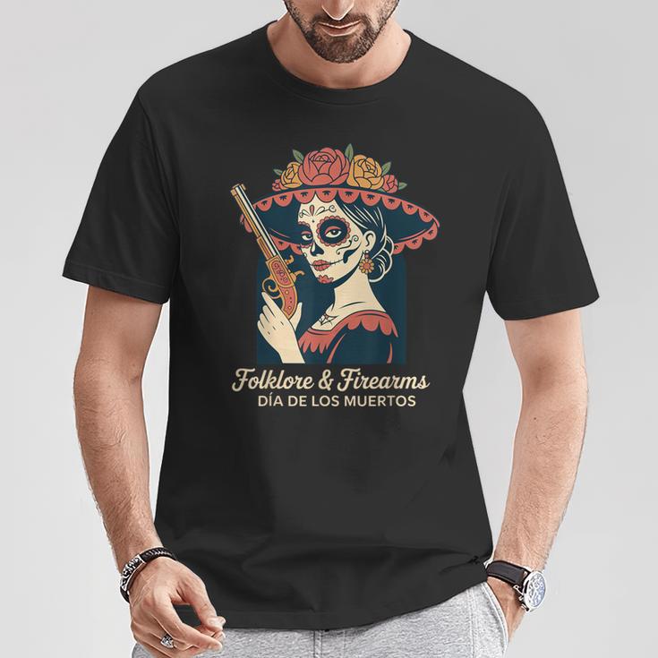 民間伝承・銃器 カラベラ・カトリーナ ディア・デ・ロス・ムエルトス Tシャツ 面白い贈り物