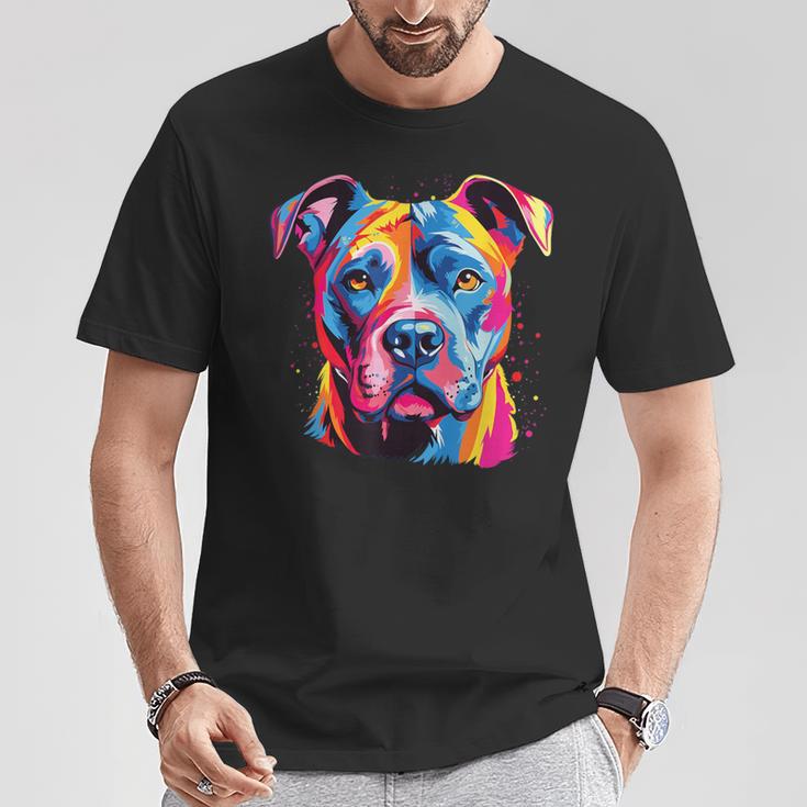水彩のカラフルなアメリカン ピット ブル テリア犬 Tシャツ 面白い贈り物