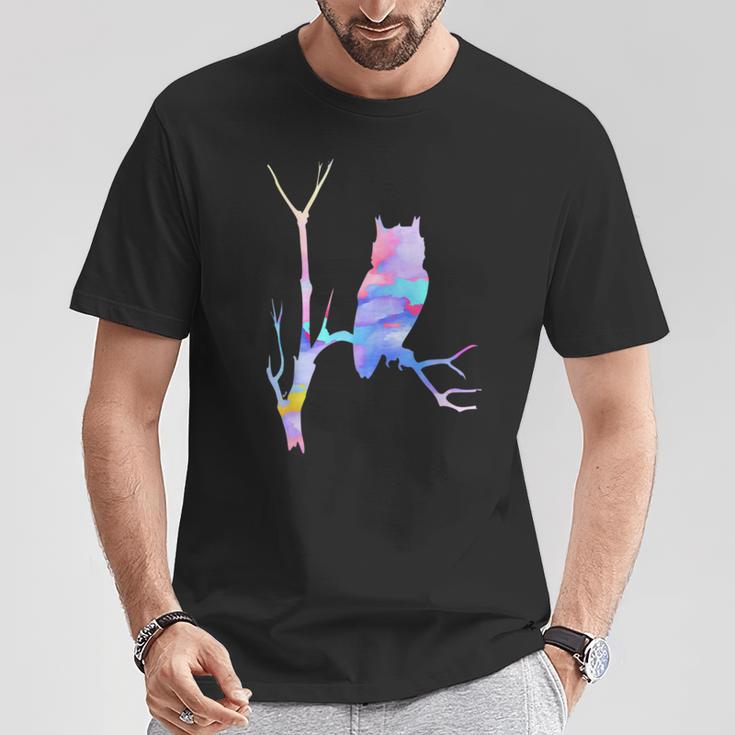 水彩フクロウsiitingツリーバードウォッチングアートバード Tシャツ 面白い贈り物