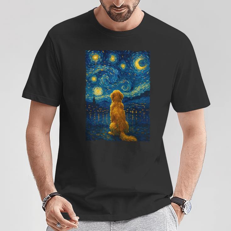 犬 天体観測 ゴッホ 夜空 ゴールデンレトリバー ラブラドール 長袖tシャツ Tシャツ 面白い贈り物