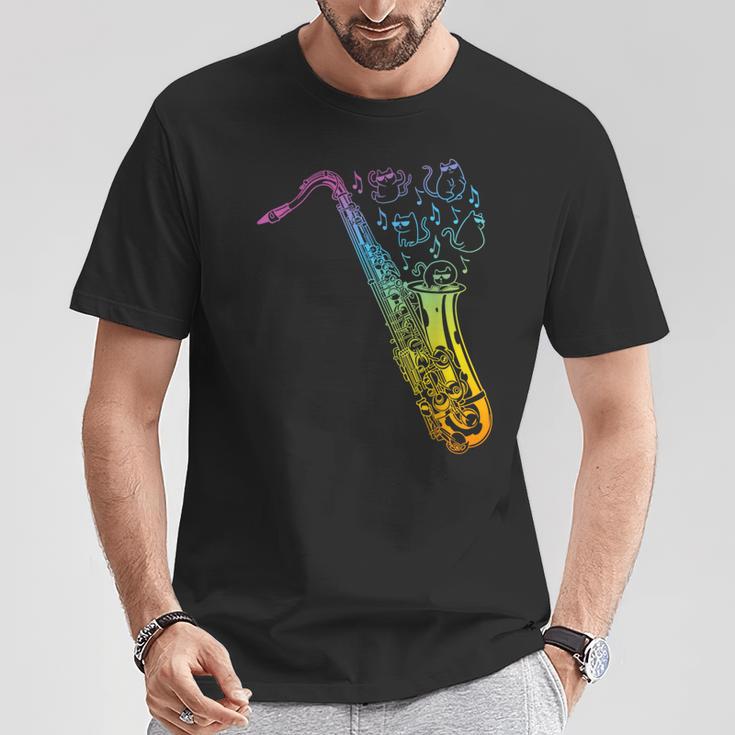 猫とサックスのサクソフォン楽器 Tシャツ 面白い贈り物