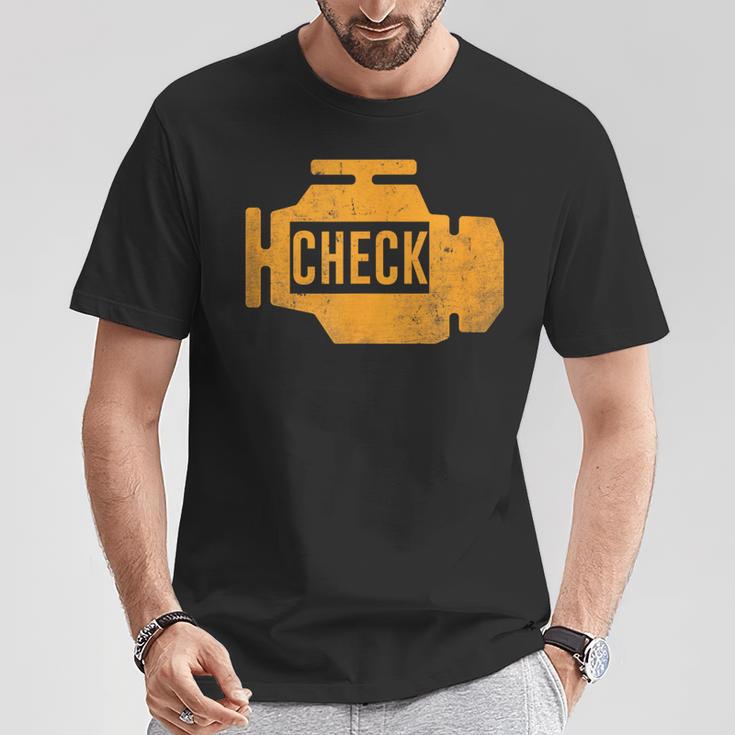 琥珀色の車のエンジンダッシュボード警告灯 面白いメカニック Tシャツ 面白い贈り物