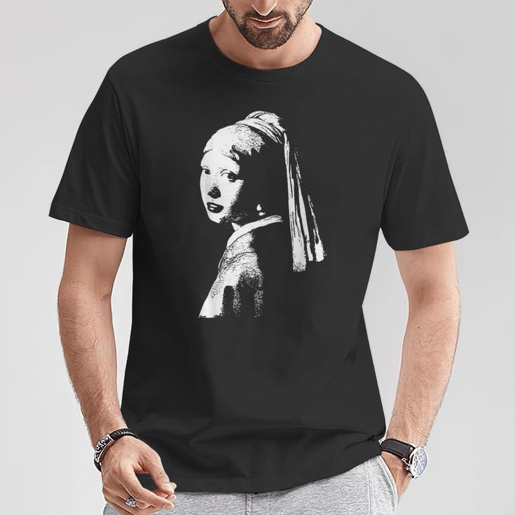 真珠のイヤリング ターバン ヨハネス・フェルメール モノクロの少女 Tシャツ 面白い贈り物