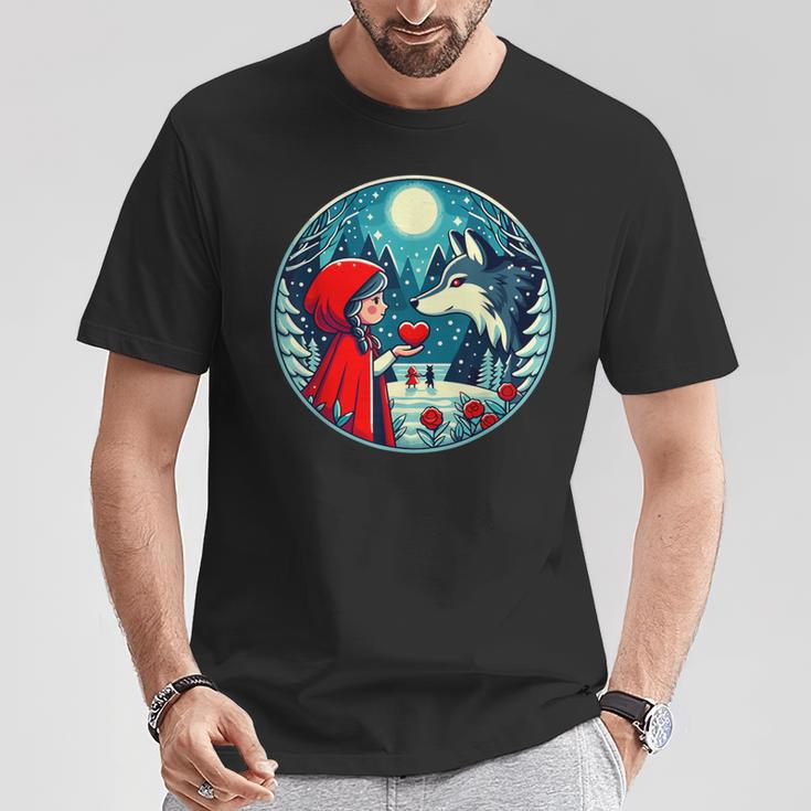 赤ずきんちゃんがオオカミに心を与える 自然のおとぎ話 Tシャツ 面白い贈り物