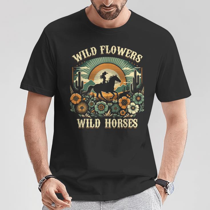 野の花と馬 ヴィンテージ 夕日 騎乗位 Tシャツ 面白い贈り物