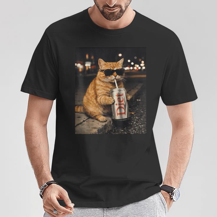 面白いナイトライフ オレンジ 猫 飲酒 ダイエット ドリンク サングラス Tシャツ 面白い贈り物