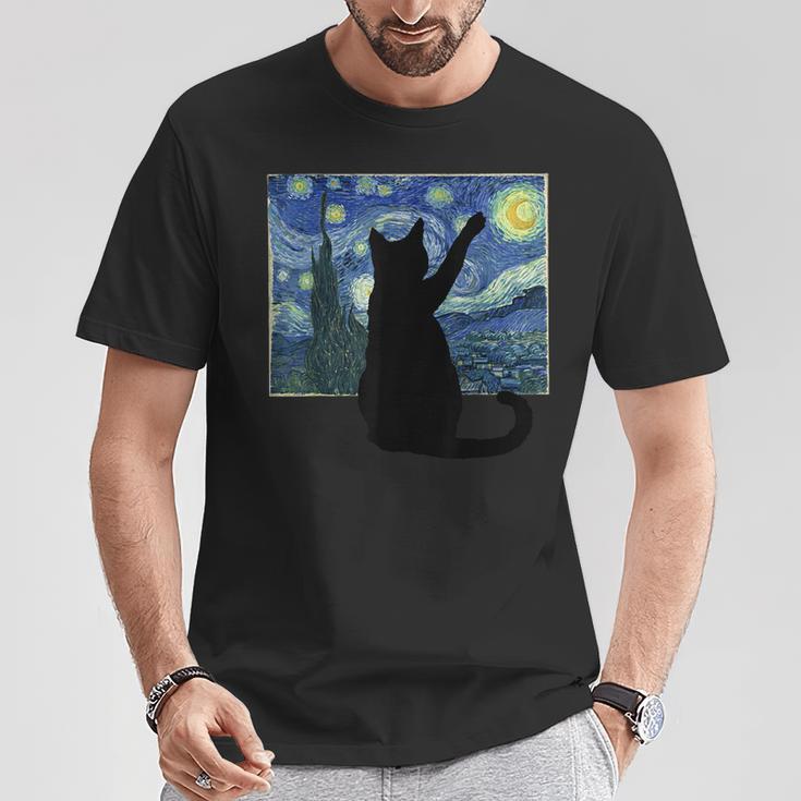 黒猫 星月夜 Tシャツ 面白い贈り物