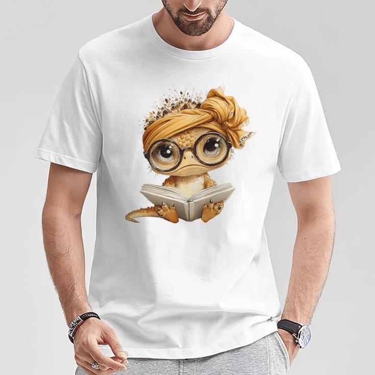 Baby Lizard Open Book Reading Reptile Graphic Portrait Round Premium Tri-Blend T-Shirt Unique Gifts