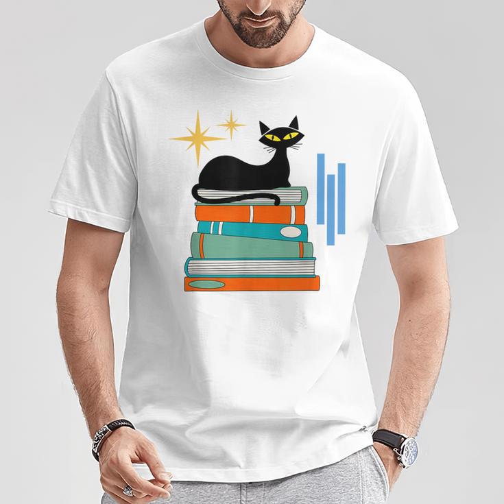 Cat And Books Retro Midcentury Mid Century Aesthetic T-Shirt Unique Gifts
