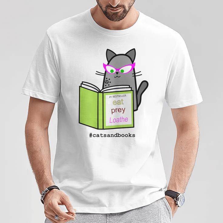 Cats And Books Happiness Cartoon Cat Pun For Women T-Shirt Unique Gifts
