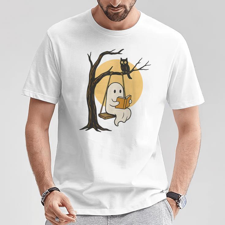 Cute Ghost Reading Halloween Book Lovers Librarians Teachers T-Shirt Unique Gifts