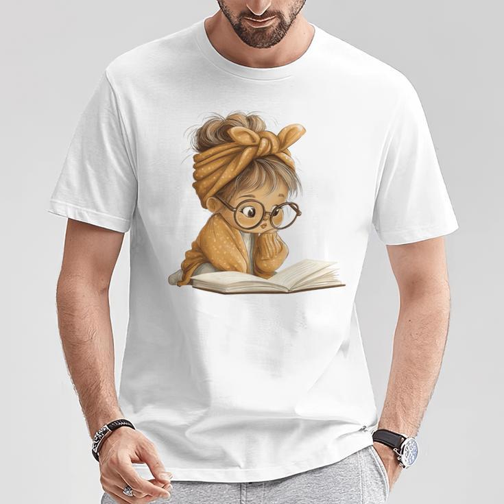 Cute Girl Open Book Reading Book Lover Graphic Round Glasses T-Shirt Unique Gifts