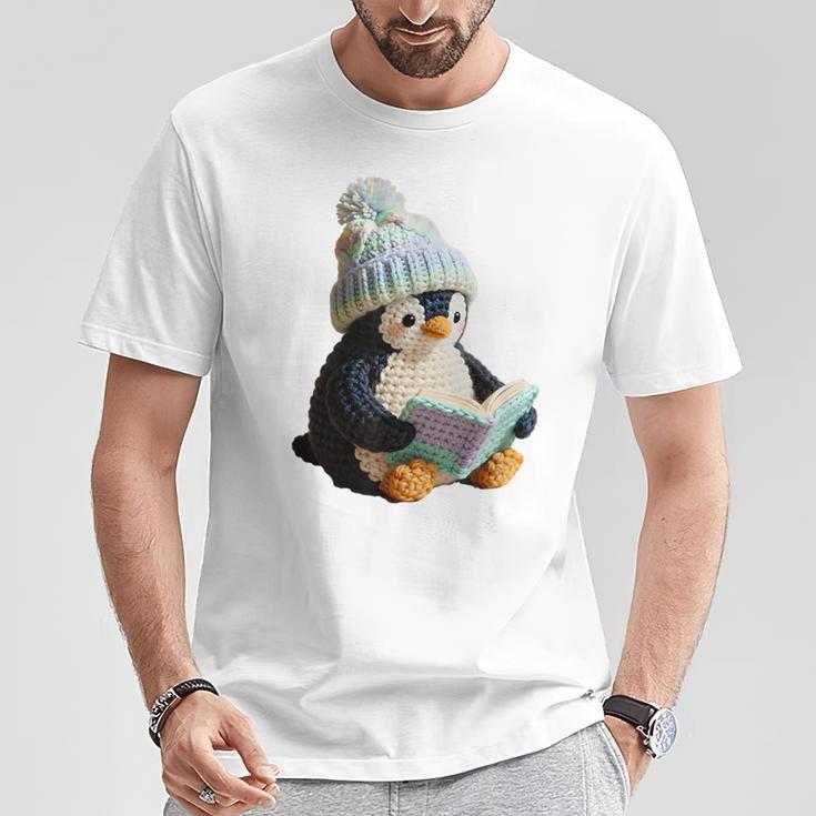Cute Penguin Reading Book Faux-Crochet Print T-Shirt Unique Gifts