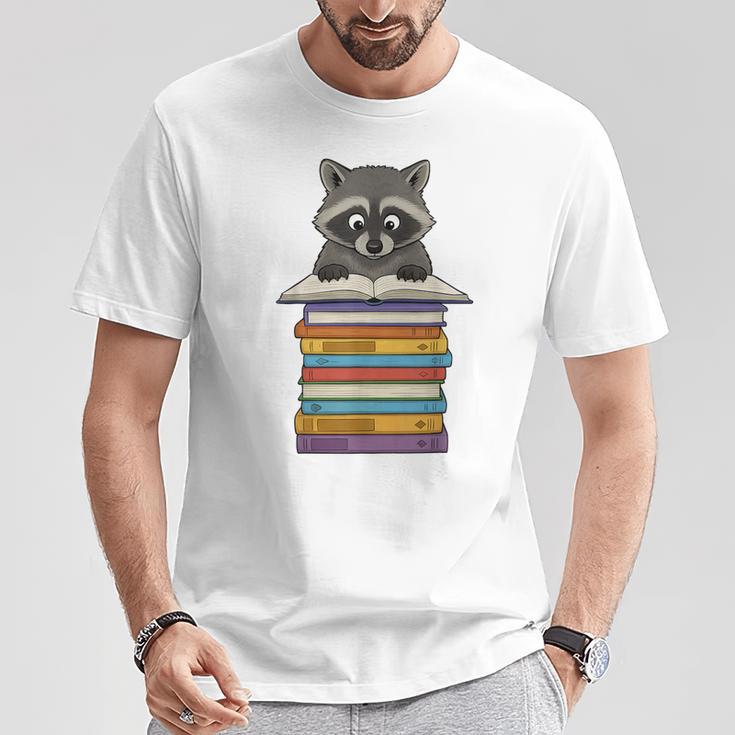 Cute Raccoon Reading On Pile Of Books T-Shirt Unique Gifts