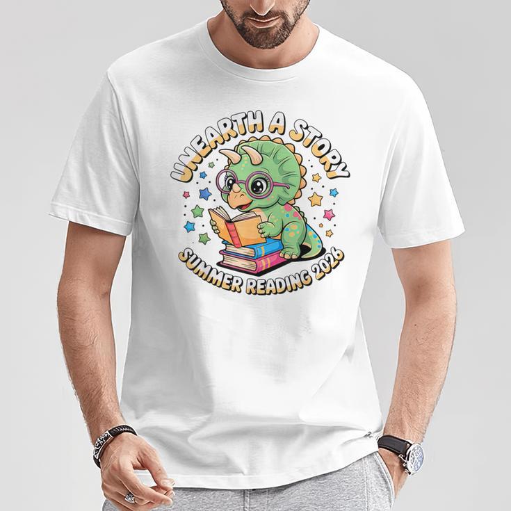 Dino Reading Books Unearth a Story Summer Reading Dinosaur T-Shirt Unique Gifts
