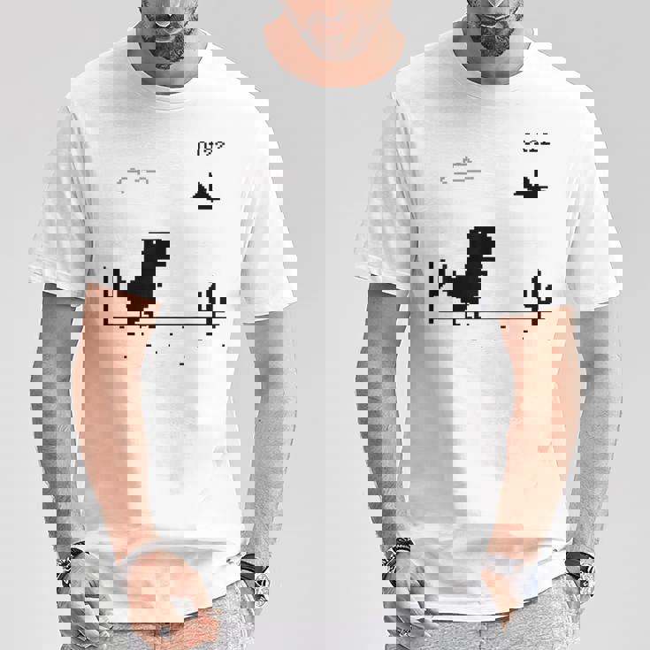 Dino T-Rex 恐竜 ピクセルゲーム インターネットなし オフライン 面白い 男性 Tシャツ 面白い贈り物