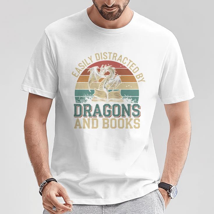 Easily Distracted By Books & Dragons Bookworm Reading T-Shirt Unique Gifts