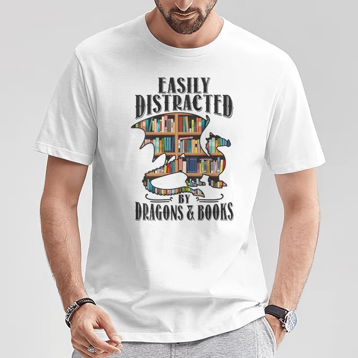 EASILY DISTRACTED BY DRAGONS & BOOKS Medieval Fantasy Reader T-Shirt Unique Gifts