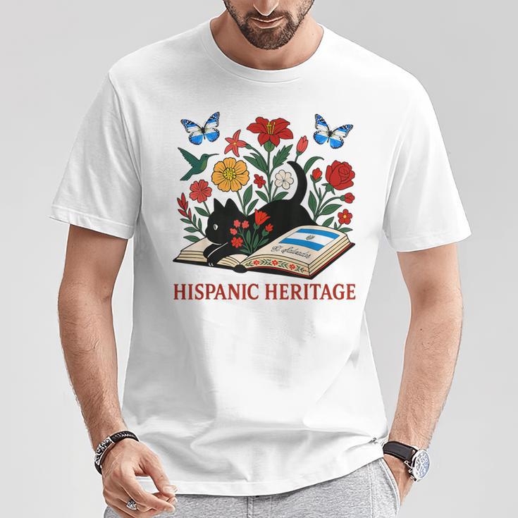El Salvador Hispanic Heritage Month Book Cute Floral Cat Art T-Shirt Unique Gifts