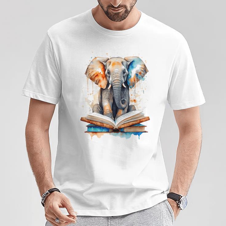 Elephant Reading Book Animal Art Print Graphic T-Shirt Unique Gifts