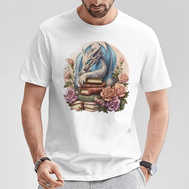 Fantasy Dragon Books Floral Boho Bookworm T-Shirt Unique Gifts