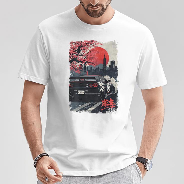 Jdm ドリフトレーシングカー 日本桜アート 背面 Tシャツ 面白い贈り物