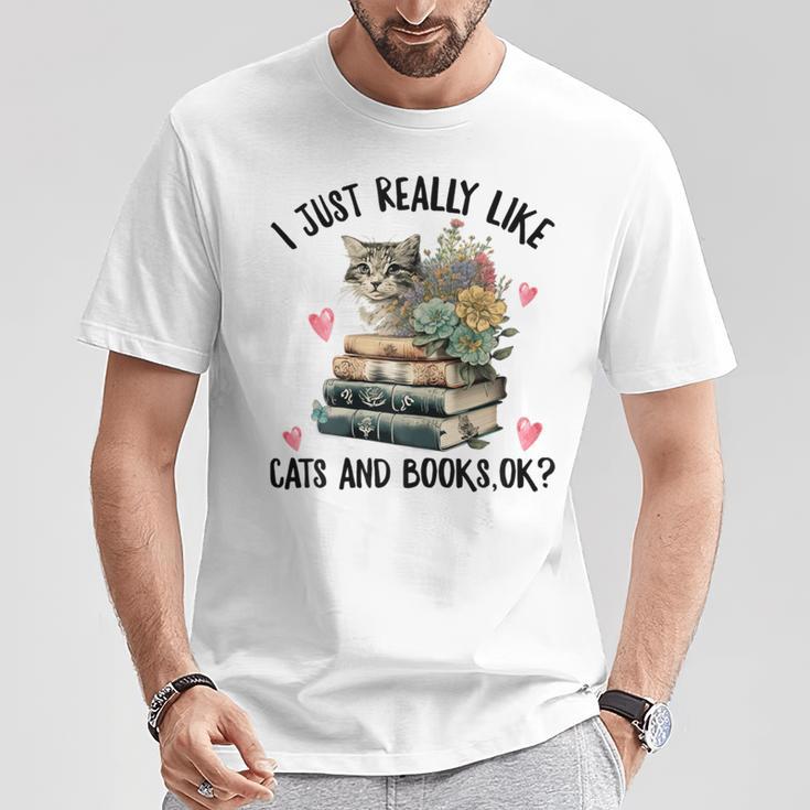I Just Really Like Cats And Books Cat Watercolor T-Shirt Unique Gifts