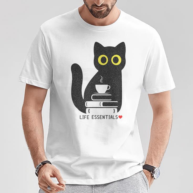 Life Essentials Witty Grungy Noisy Book Tea And Cat T-Shirt Unique Gifts