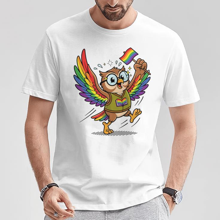 Owl With Pride Flag Book Lover Rainbow Library T-Shirt Unique Gifts