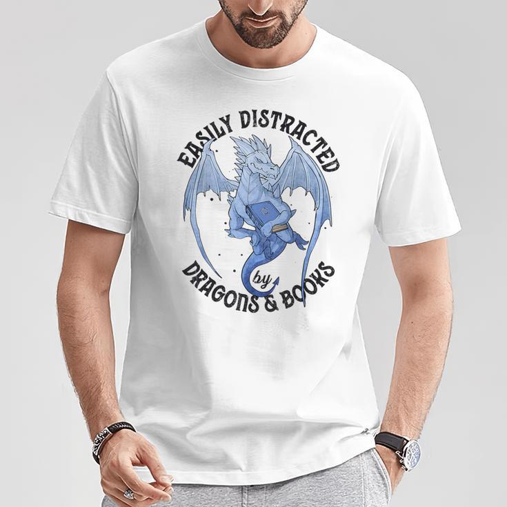 Reading Easily Distracted By Dragons & Books Lover Bookworm T-Shirt Unique Gifts